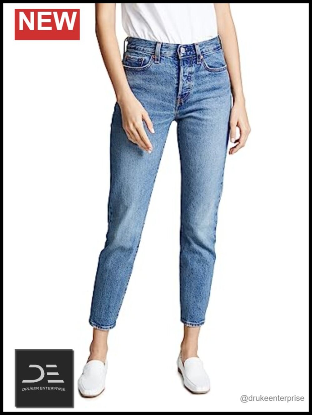 High Rise Tapered Leg Jeans Snug Hip Thigh Button Fly Cotton Stretch